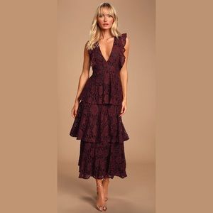 Lulu’s “Molinetto Burgundy Lace Ruffled Tiered Sleeveless” Maxi Dress
